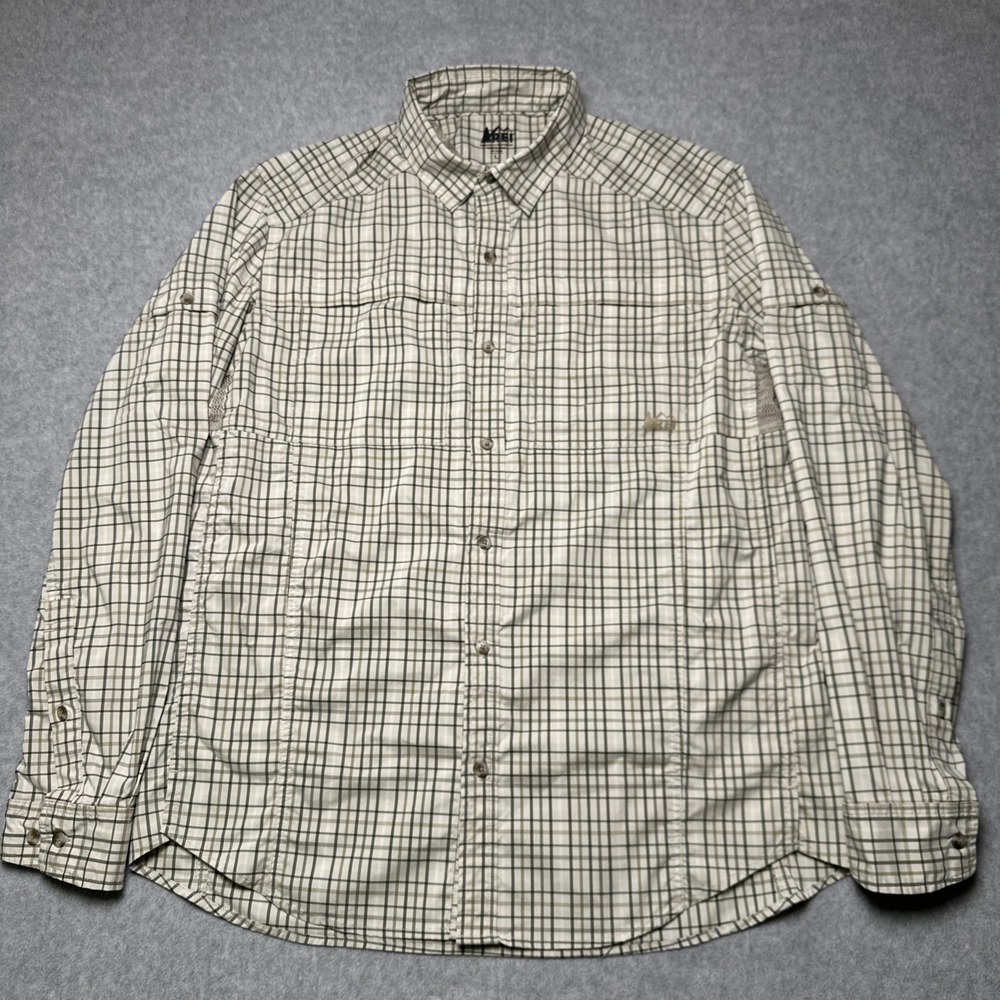 REI Co-op Button Up Shirt Long Sleeve Stretch Vented Mens Large Beige Plaid